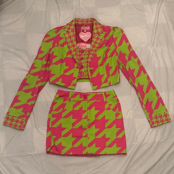 Am I the drama? Sugar Thrillz Neon Pink and Lime Houndstooth Set nwt - Picture 1 of 13